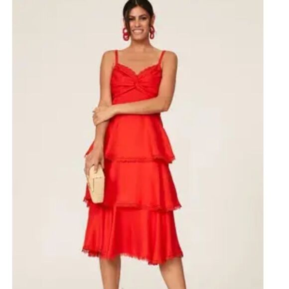Marchesa Notte Red Tiered Midi Dress - Picture 3 of 13